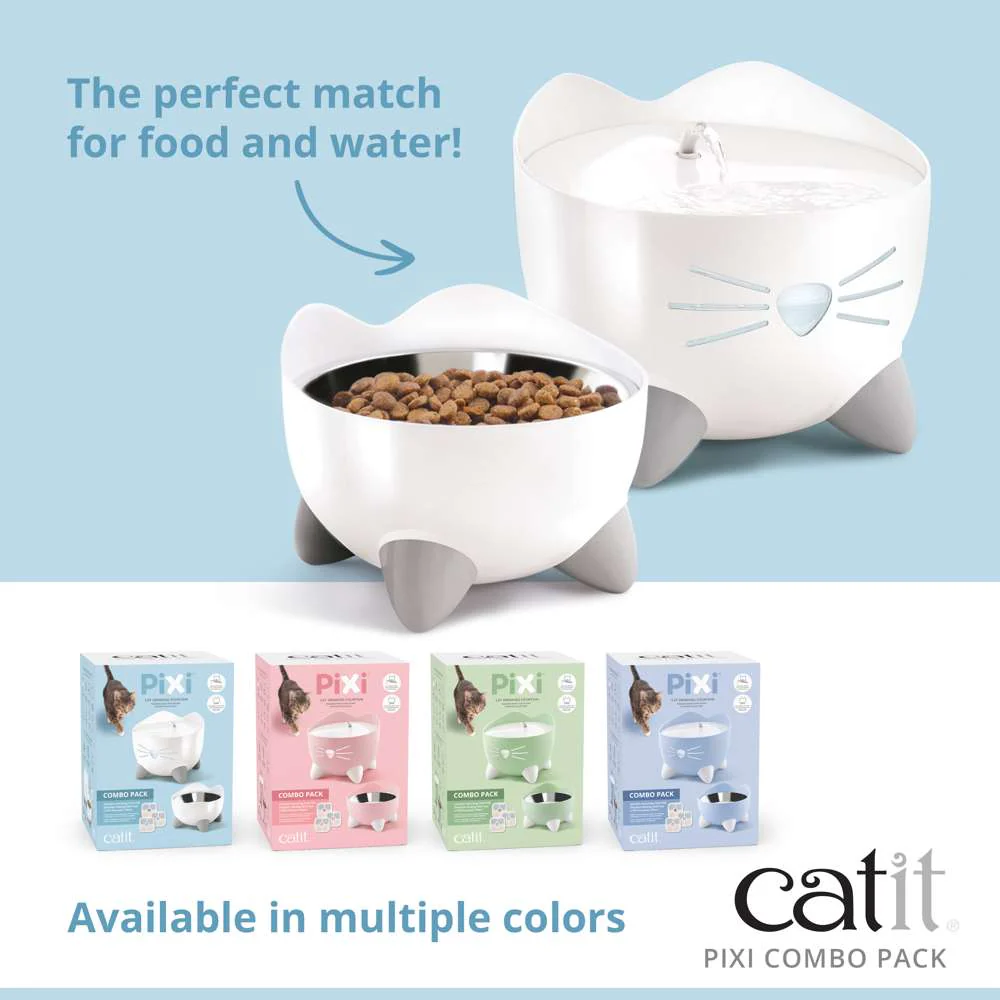 Catit PIXI White Fountain & Feeding Dish Combo Kit - Image 2